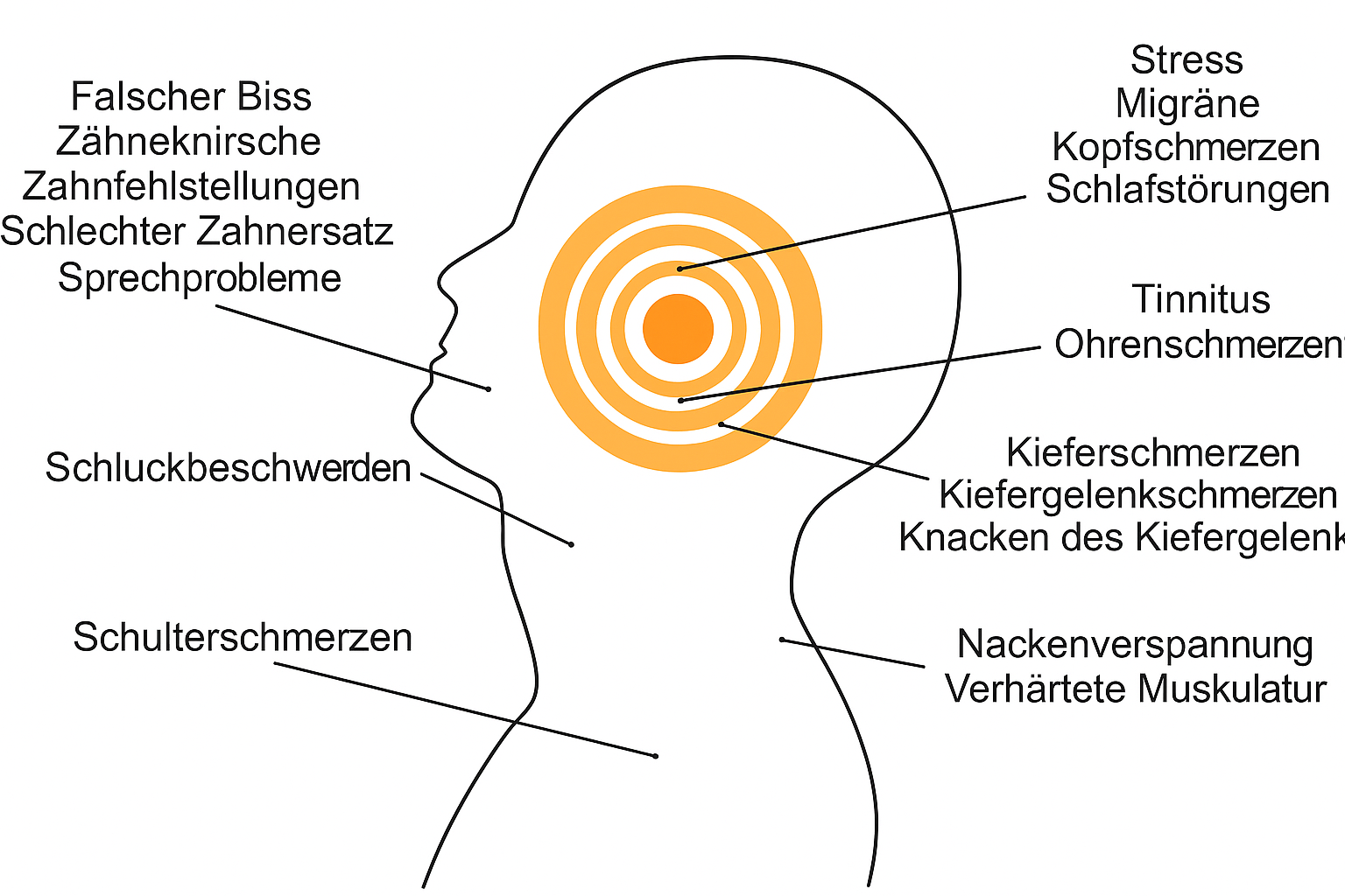 Dieses Bild zeigt: eine Fehlfunktion des Kiefergelenks weitreichende Auswirkungen auf Kopf-, Nacken- und Schulterbereich sowie auf das allgemeine Wohlbefinden haben kann.