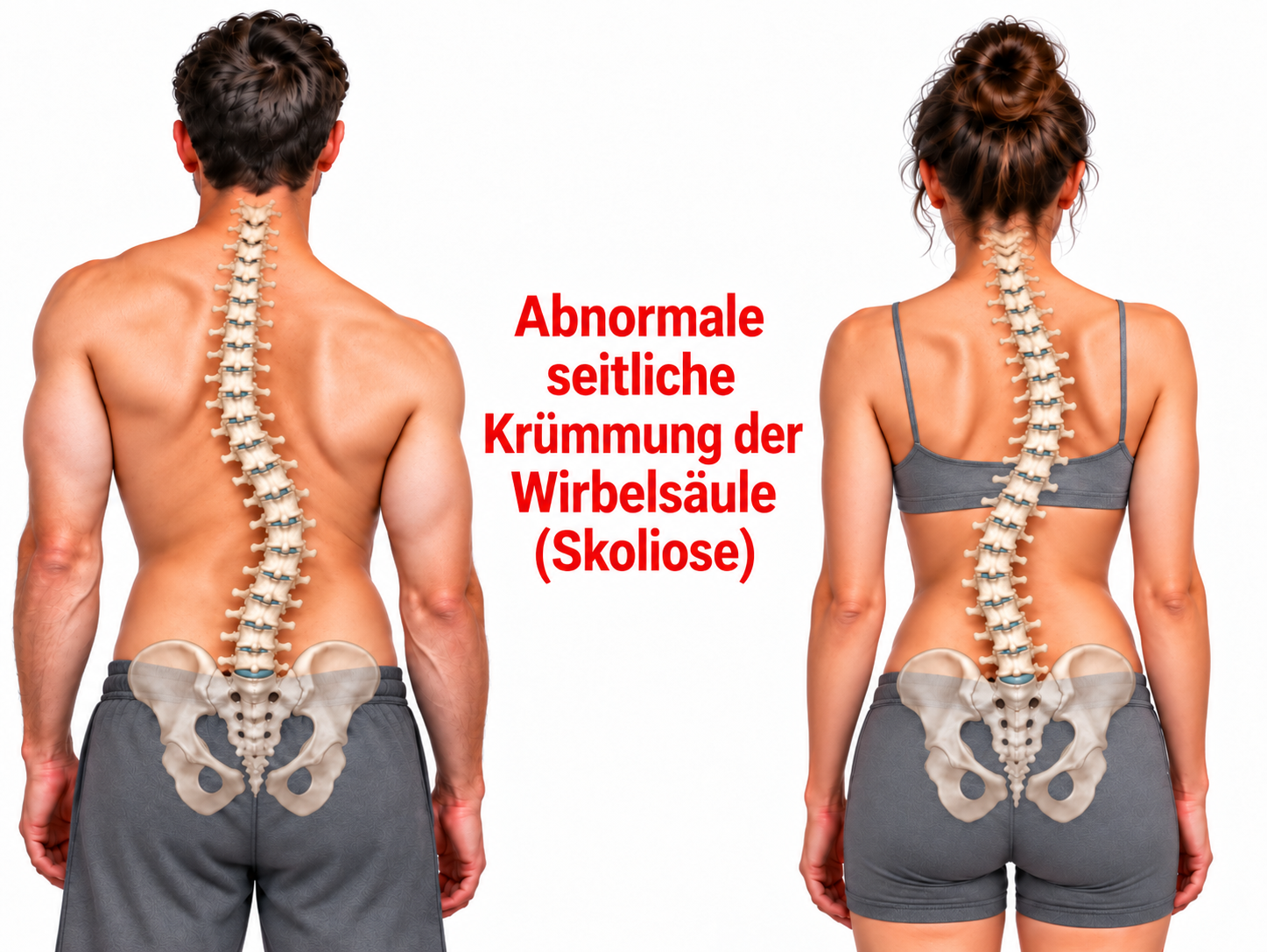 Dieses Bild zeigt die Skoliose Anatomie und Wirbelsäulenverkrümmung Rückenansicht eines Mannes und einer Frau.