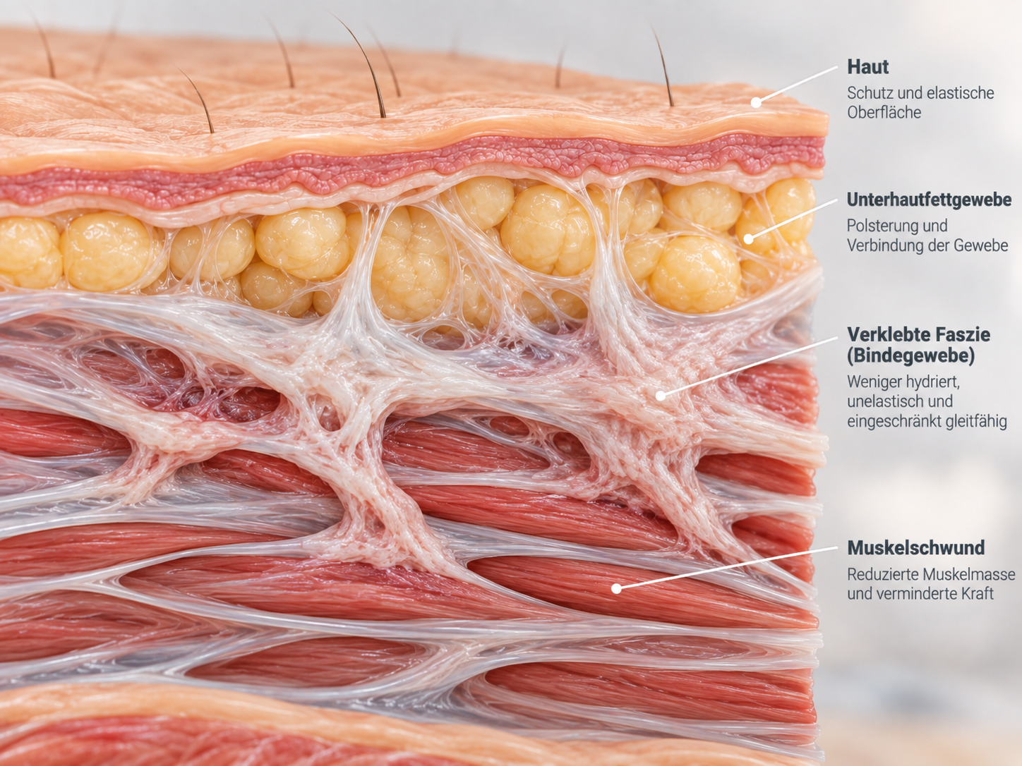 Dieses Bild zeigt Anatomischer Querschnitt, Haut, gesunde Faszie und gestärkte Muskeln